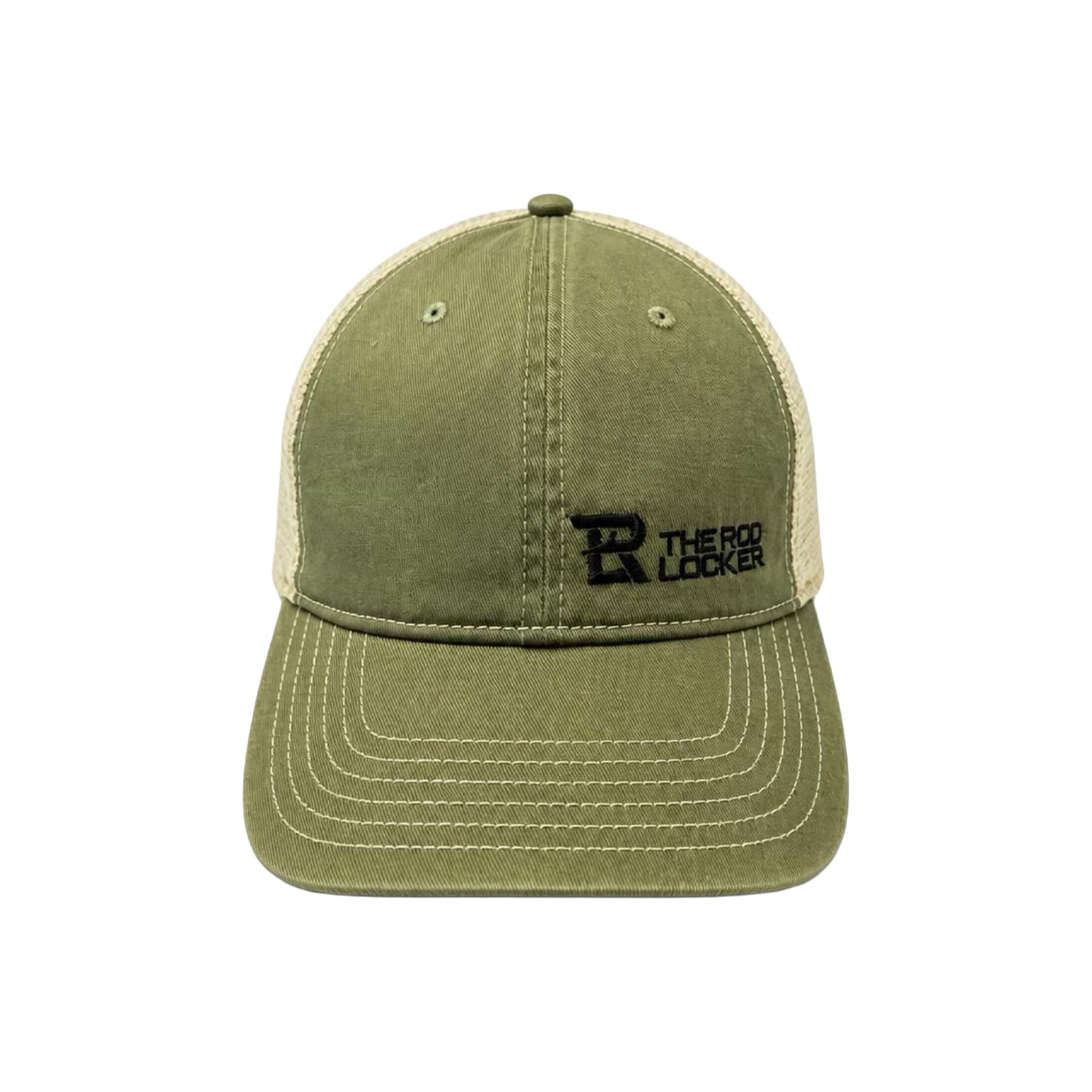 The Rod Locker Block Side Logo Low Profile Snapback Hat Olive Tan Mesh