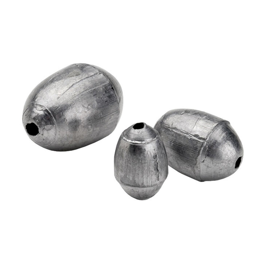 Three Bullet Weights Egg Sinkers by Bullet Weights are shown against a white background. Each gray, oval-shaped metal sinker features a center hole for fishing line.