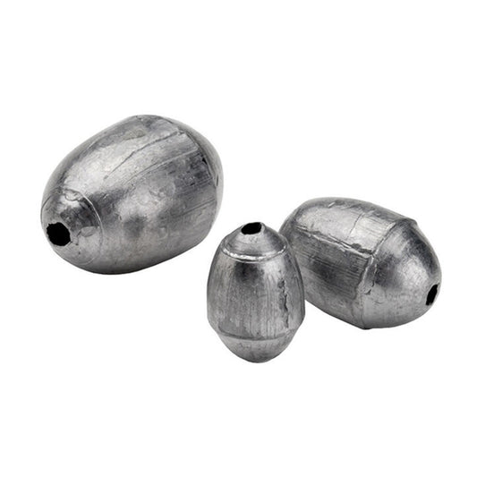 Three Bullet Weights Egg Sinkers by Bullet Weights are shown against a white background. Each gray, oval-shaped metal sinker features a center hole for fishing line.