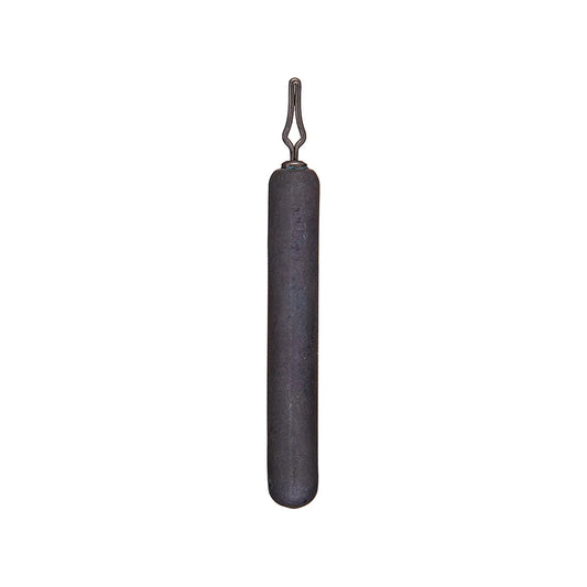 The Bullet Weights Tactical Tungsten Skinny Drop Shot Weight by Bullet Weights features a vintage wooden handle, dark cylindrical body, and metal looped end, reminiscent of early tactical weights, shown isolated on a white background.
