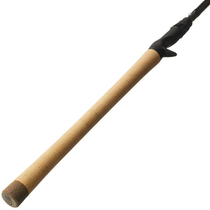 A close-up of the Cashion Rods Element Z2 Series Casting Rod Swimbait 7'10" Medium Heavy (EZ2SW710MHMF) handle, featuring a cork grip and black reel seat, isolated on a white background.