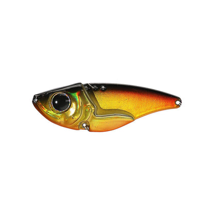 A close-up of the Damiki Vault 48 Blade Bait by Damiki, featuring a metallic fish shape, large black eye, and a gradient of gold, yellow, orange, and dark brown—ideal for bass fishing.
