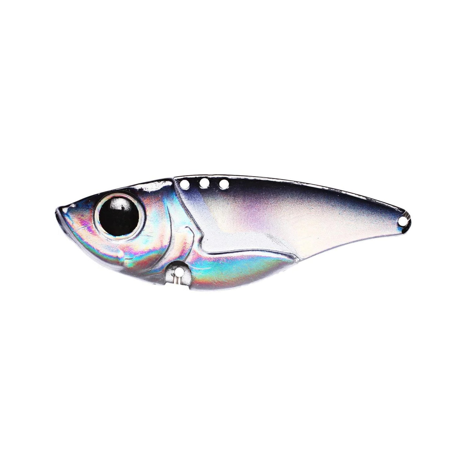The Damiki Vault 48 Blade Bait by Damiki features a shiny, iridescent metallic fish-shaped body, large black eye, and multiple top holes for versatile hook placement—ideal for bass fishing.