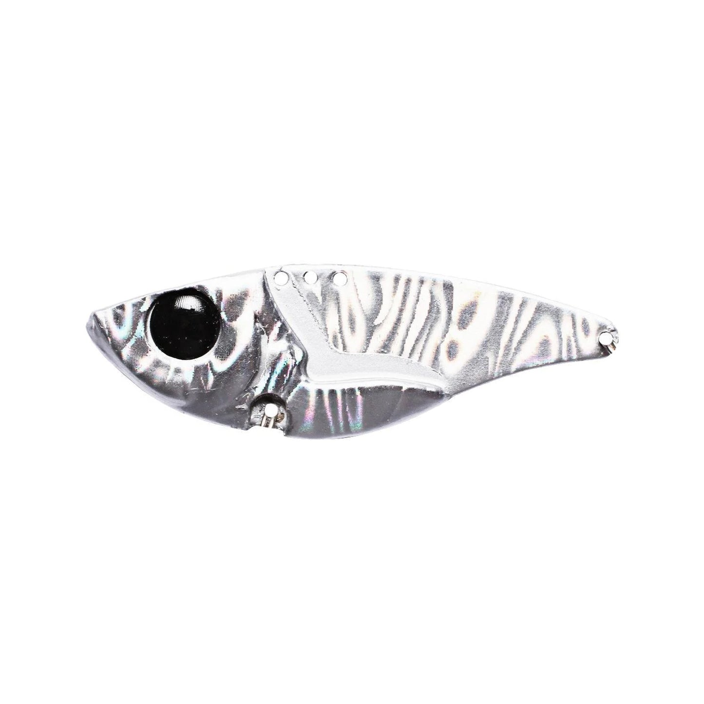 The Damiki Vault 55 Blade Bait by Damiki is a silver and black fish-shaped lure with a large realistic eye and wavy, reflective pattern—ideal for bass fishing.