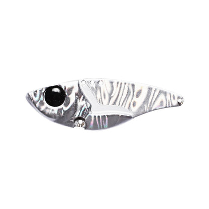 The Damiki Vault 55 Blade Bait by Damiki is a silver and black fish-shaped lure with a large realistic eye and wavy, reflective pattern—ideal for bass fishing.