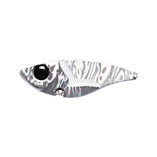 The Damiki Vault 55 Blade Bait by Damiki is a silver and black fish-shaped lure with a large realistic eye and wavy, reflective pattern—ideal for bass fishing.