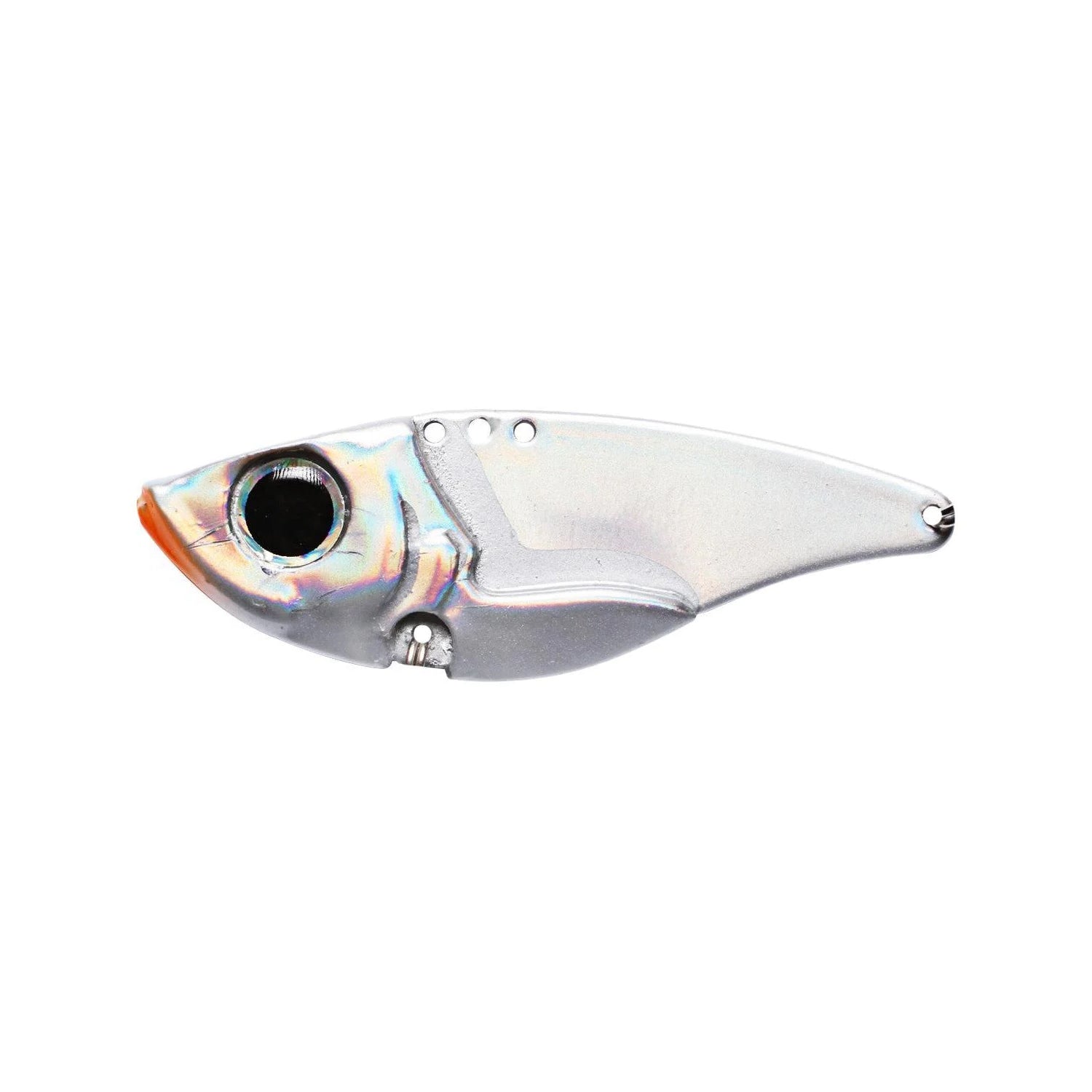 The Damiki Vault 48 Blade Bait by Damiki features a shiny silver, fish-shaped design with a large black eye, orange accents near the mouth, and a tail hole—ideal for bass fishing.