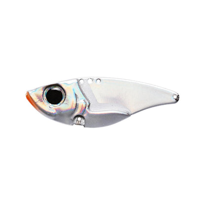 The Damiki Vault 48 Blade Bait by Damiki features a shiny silver, fish-shaped design with a large black eye, orange accents near the mouth, and a tail hole—ideal for bass fishing.