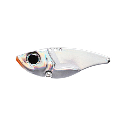 The Damiki Vault 48 Blade Bait by Damiki features a shiny silver, fish-shaped design with a large black eye, orange accents near the mouth, and a tail hole—ideal for bass fishing.
