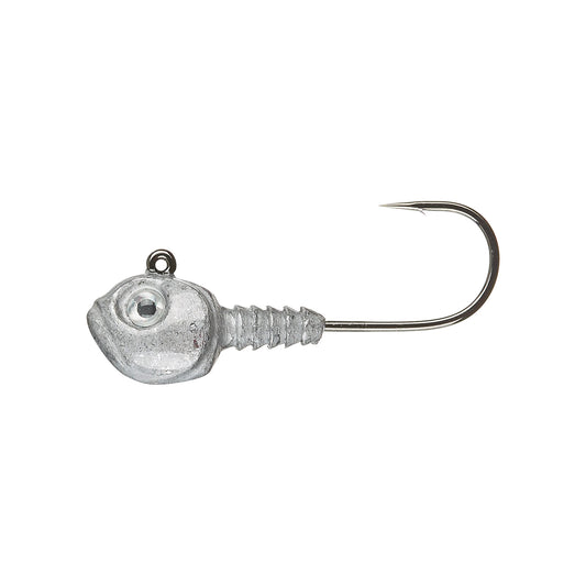 The Dirty Jigs Guppy Swimbait Jig Heads by Dirty Jigs, designed for vertical jigging, feature a silver fish-shaped body with a large eye, ribbed details, and a sharp curved hook.