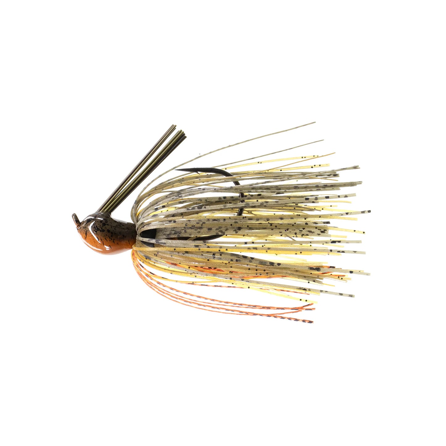 The Dirty Jigs Luke Clausen Compact Pitchin' Jig features a brown and orange head with long Thin Cut Series Skirt strands in yellow, brown, and orange, shown isolated on a white background.