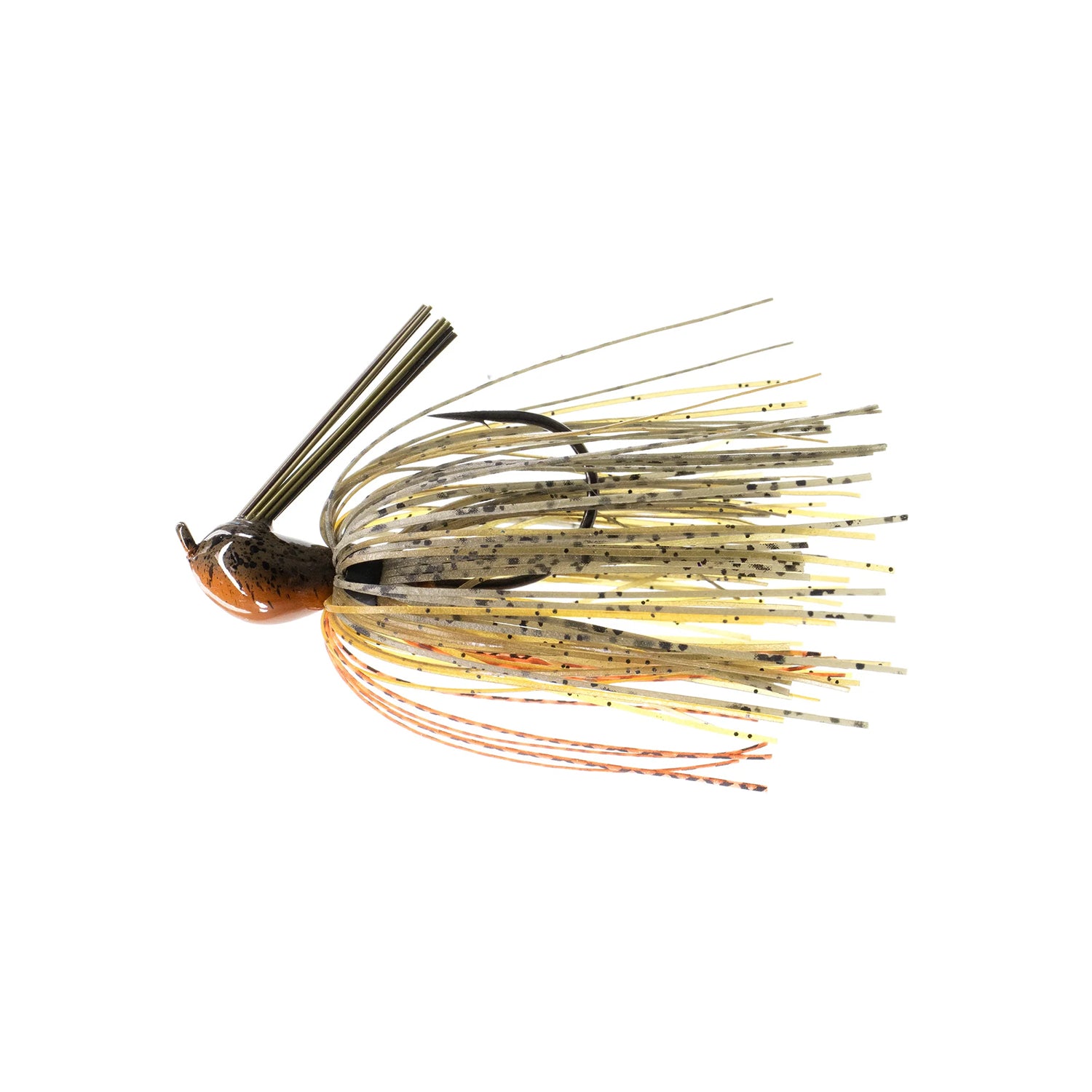The Dirty Jigs Luke Clausen Compact Pitchin' Jig features a brown and orange head with long Thin Cut Series Skirt strands in yellow, brown, and orange, shown isolated on a white background.