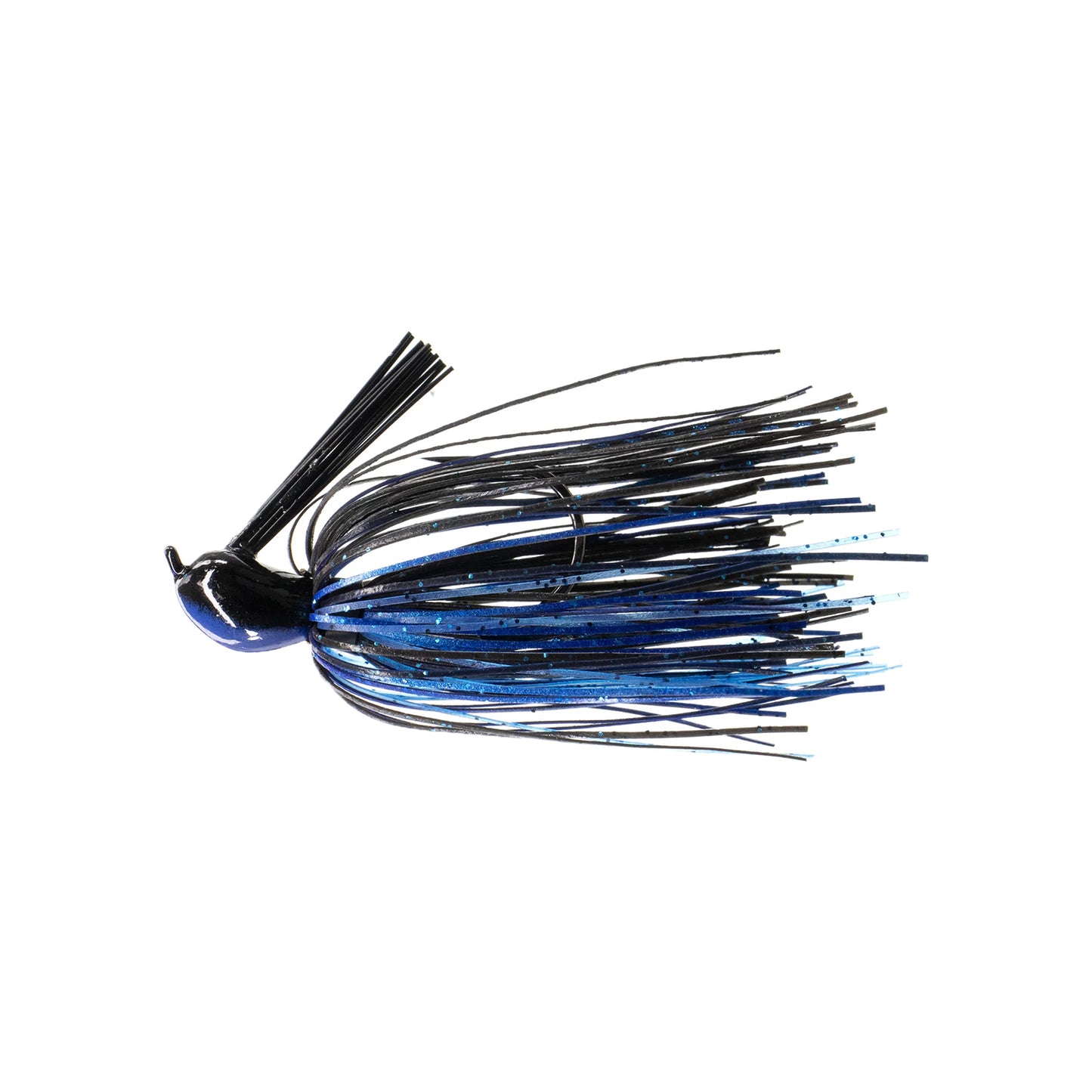 The Dirty Jigs Luke Clausen Compact Pitchin' Jig by Dirty Jigs features a blue and black Thin Cut Series Skirt, a weed guard, and a sharp Gamakatsu hook attached to a weighted head, shown against a white background.