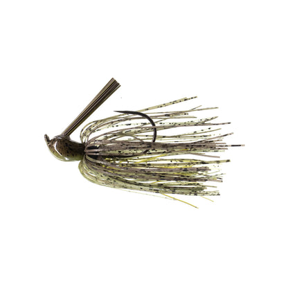 The Dirty Jigs Luke Clausen Compact Pitchin' Jig features a green and brown skirt with speckled Thin Cut Series rubber strands, a weed guard, and a sharp Gamakatsu hook, all from Dirty Jigs.