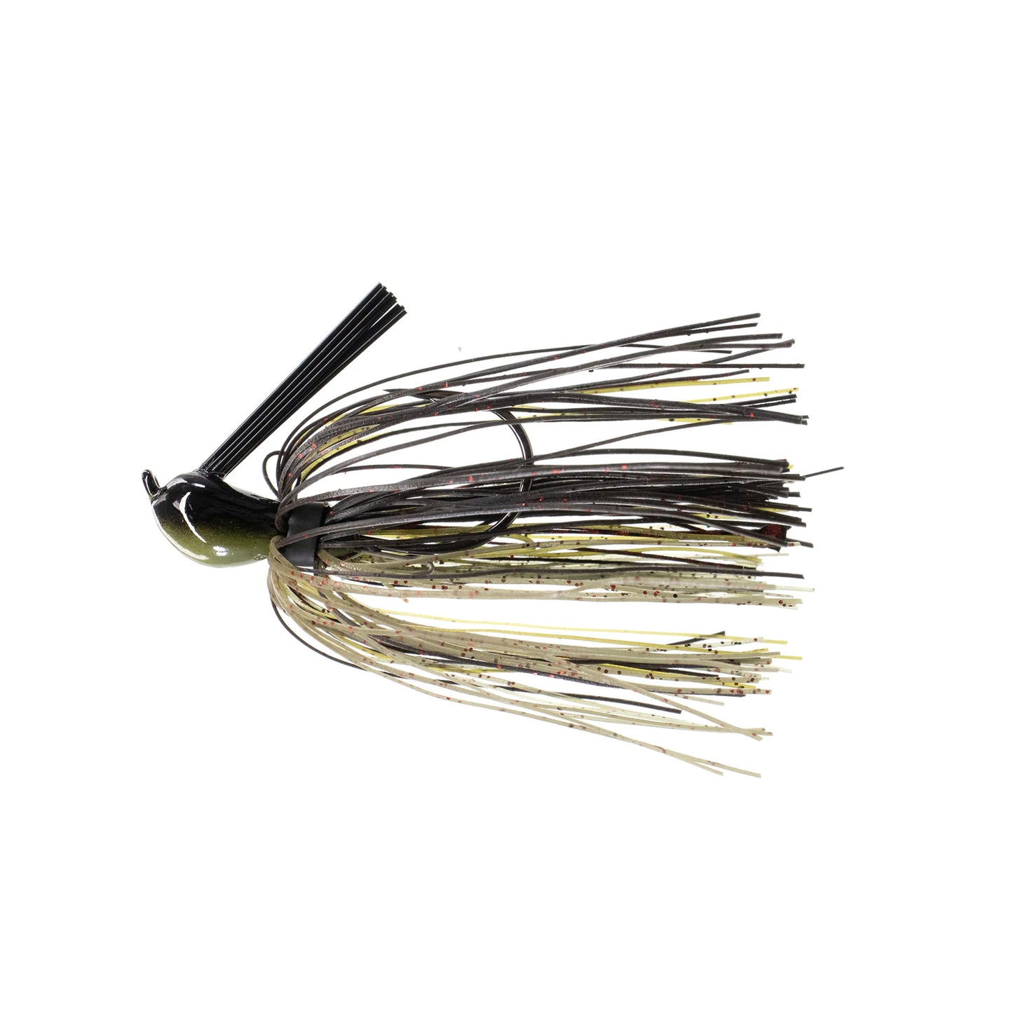 The Dirty Jigs Luke Clausen Compact Pitchin' Jig by Dirty Jigs boasts a dark green head, Thin Cut Series Skirt with olive, black, and yellow strands, and a premium Gamakatsu hook to expertly attract fish.