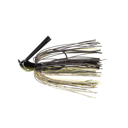 The Dirty Jigs Luke Clausen Compact Pitchin' Jig by Dirty Jigs boasts a dark green head, Thin Cut Series Skirt with olive, black, and yellow strands, and a premium Gamakatsu hook to expertly attract fish.