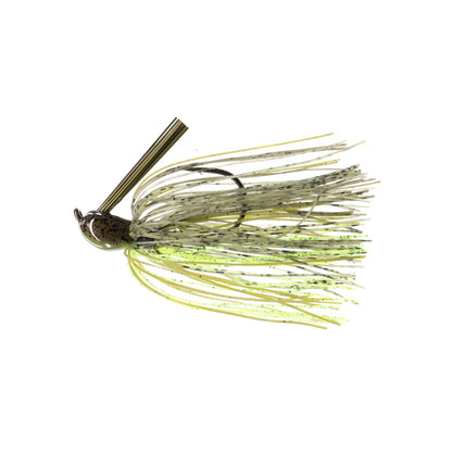 The Dirty Jigs Luke Clausen Compact Pitchin' Jig by Dirty Jigs features a Thin Cut Series Skirt in brown, green, and yellow with a Gamakatsu hook and weed guard, mimicking a small fish or aquatic creature.