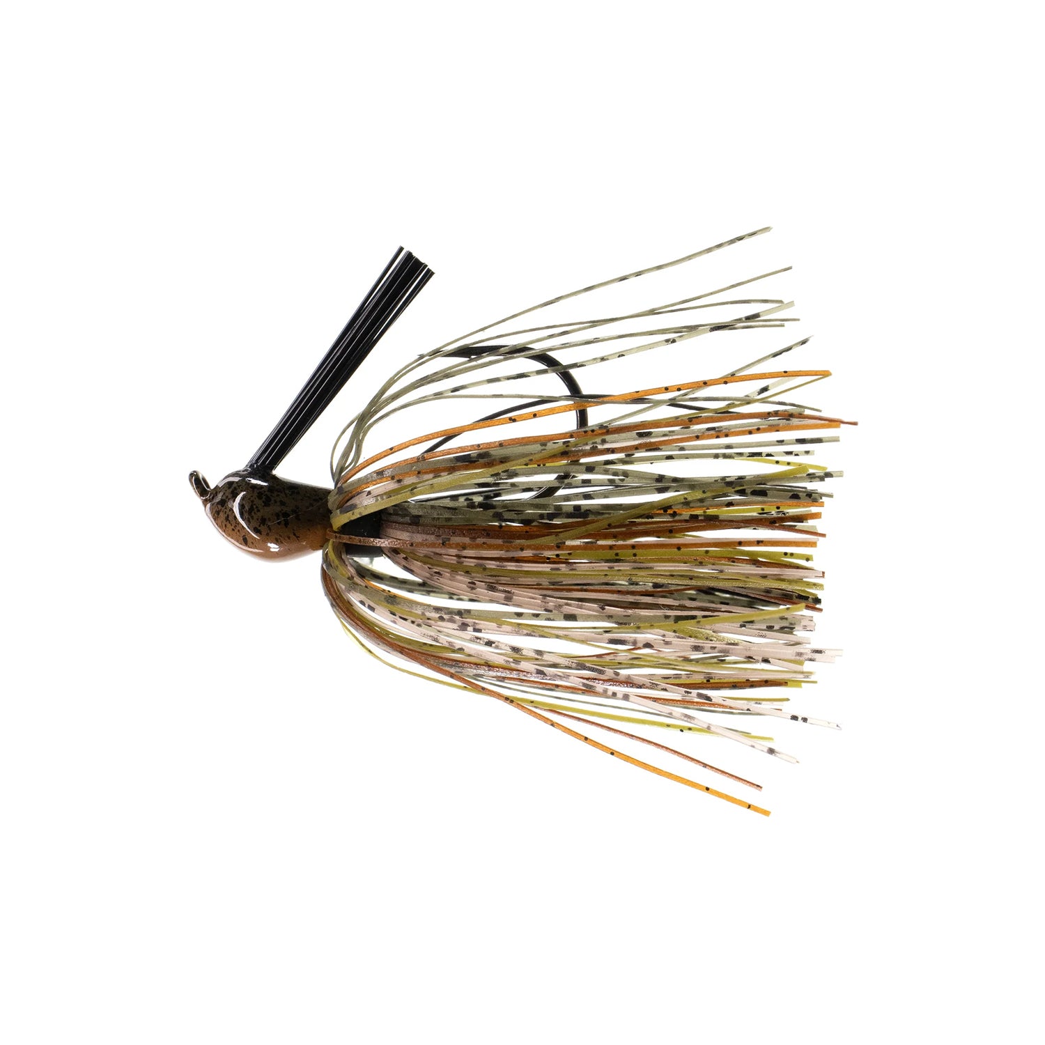The Dirty Jigs Luke Clausen Compact Pitchin' Jig features a brown head, weed guard, Thin Cut Series Skirt with green, yellow, brown, and black silicone strands, and a strong Gamakatsu hook for reliable hooksets.