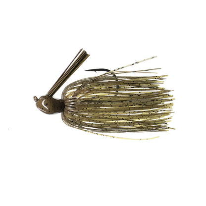 The Dirty Jigs Luke Clausen Compact Pitchin' Jig by Dirty Jigs features a brown and olive-green weighted head, Gamakatsu hook, and Thin Cut Series Skirt with flexible strands to mimic prey and attract fish.
