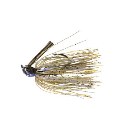 The Dirty Jigs Luke Clausen Compact Pitchin' Jig features a yellow and brown Thin Cut Series Skirt, weed guard, rounded painted head, and premium Gamakatsu hook. Brand: Dirty Jigs. Isolated on a white background.