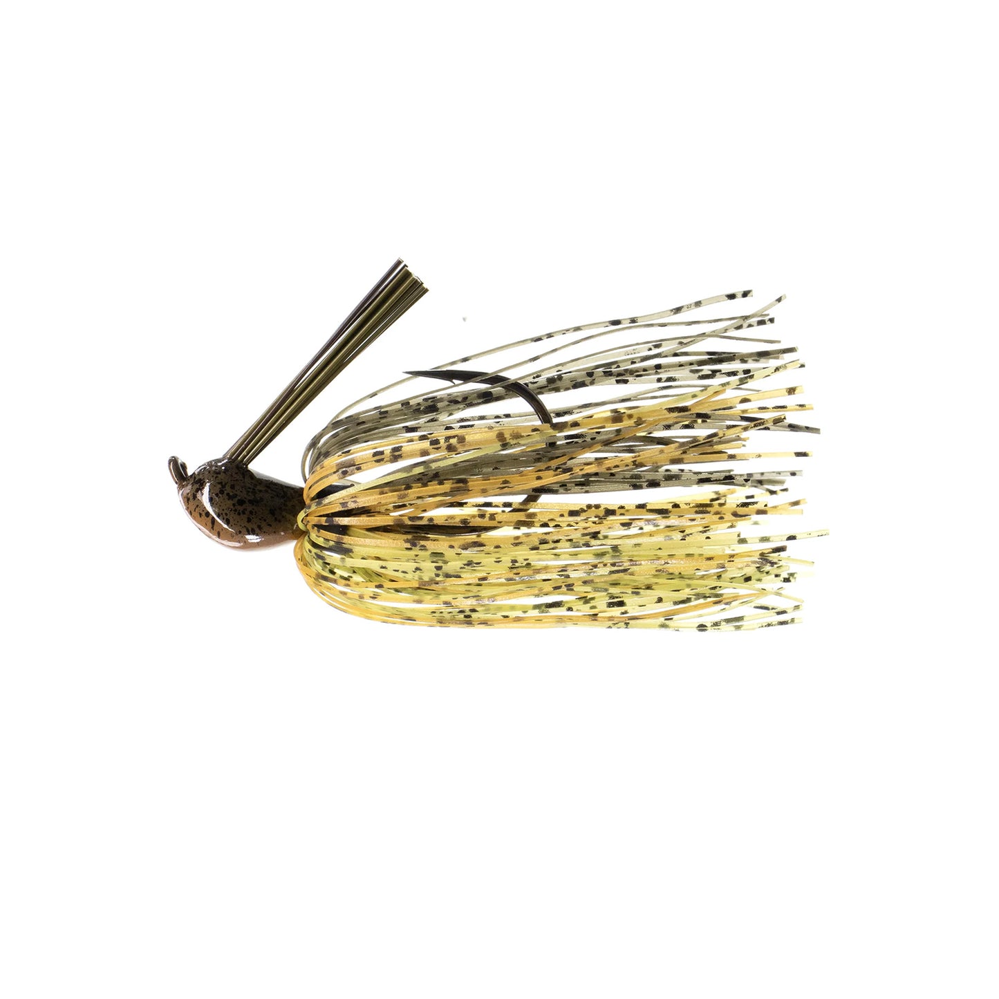 The Dirty Jigs Luke Clausen Compact Pitchin' Jig by Dirty Jigs is a yellow and brown jig with a weed guard, Thin Cut Series Skirt, numerous rubber strands to mimic prey, and a sharp Gamakatsu hook.