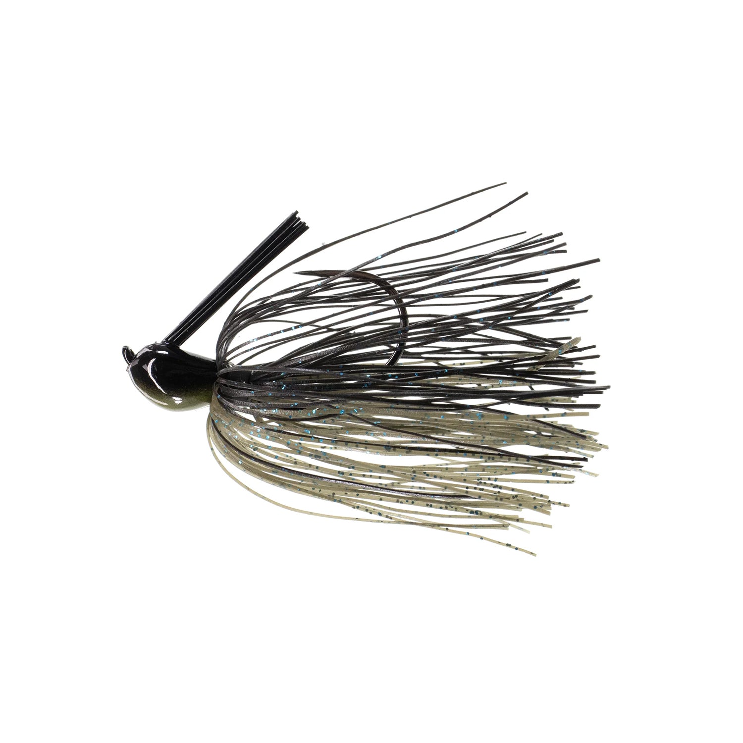 The Dirty Jigs Luke Clausen Compact Pitchin' Jig features a black Gamakatsu hook, weed guard, and a Thin Cut Series Skirt in black and olive green with blue flecks, all isolated on a white background.