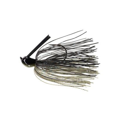 The Dirty Jigs Luke Clausen Compact Pitchin' Jig features a black Gamakatsu hook, weed guard, and a Thin Cut Series Skirt in black and olive green with blue flecks, all isolated on a white background.