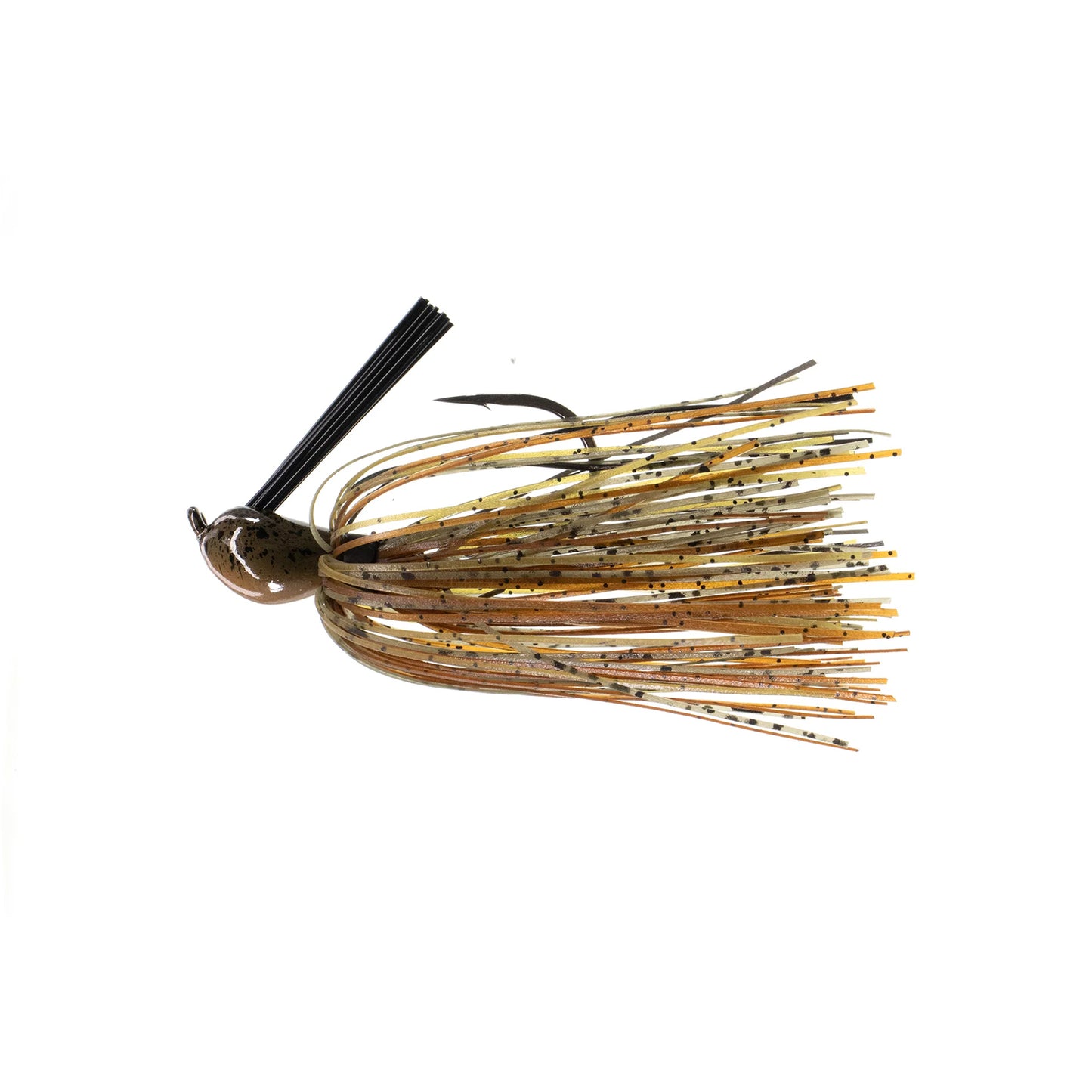 The Dirty Jigs Luke Clausen Compact Pitchin' Jig by Dirty Jigs features a brown and yellow Thin Cut Series Skirt with black speckles, a single Gamakatsu hook, and a weed guard, showcased on a plain white background.
