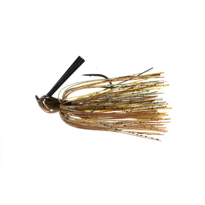 The Dirty Jigs Luke Clausen Compact Pitchin' Jig by Dirty Jigs features a brown and yellow Thin Cut Series Skirt with black speckles, a single Gamakatsu hook, and a weed guard, showcased on a plain white background.