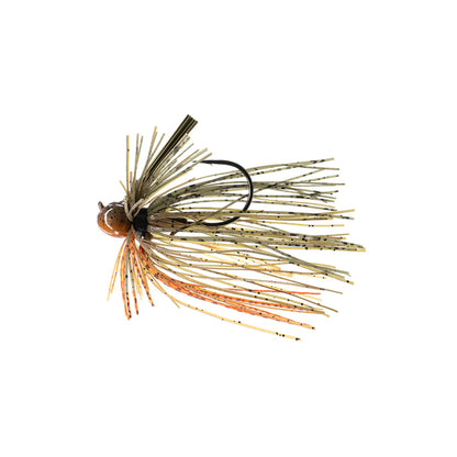 The Dirty Jigs Luke Clausen Finesse Jig by Dirty Jigs features a brown, orange, and tan skirt with a black hook, designed to mimic small baitfish or insects. Shown isolated on a white background.