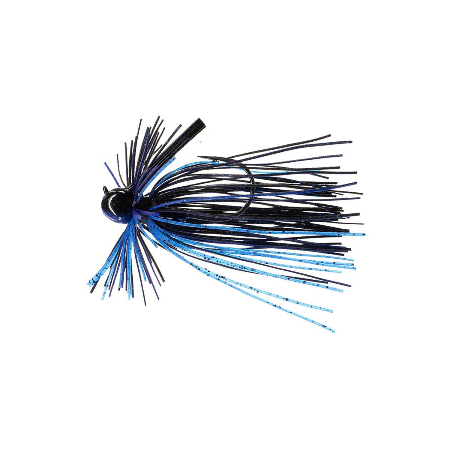 The Dirty Jigs Luke Clausen Finesse Jig by Dirty Jigs features thin, flexible black and blue strands, a rounded black head, and a curved hook—expertly crafted to attract fish.
