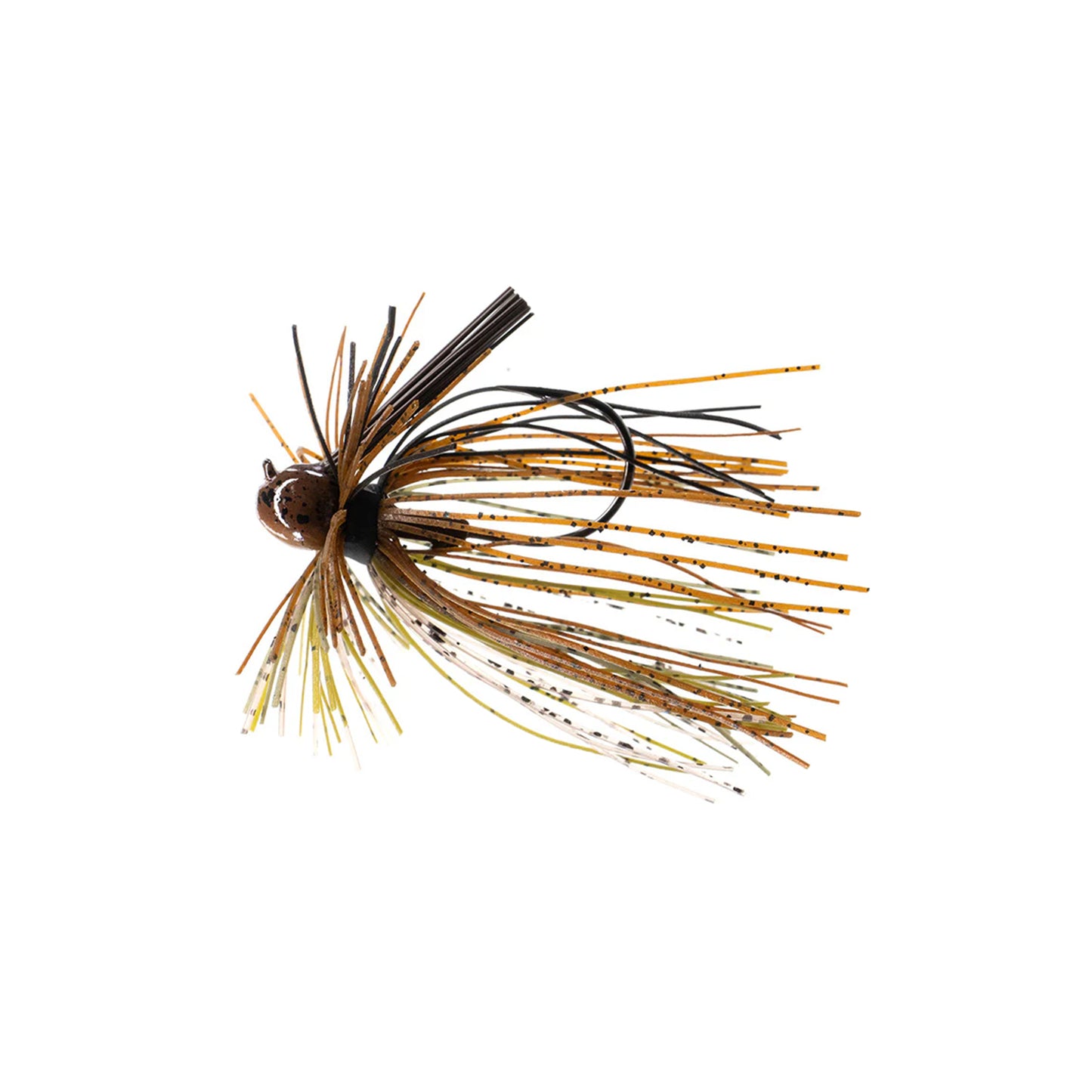 The Dirty Jigs Luke Clausen Finesse Jig by Dirty Jigs features a brown and yellow rubber skirt, weighted head, weed guard, and exposed hook—designed to imitate small baitfish or insects for effective finesse fishing.