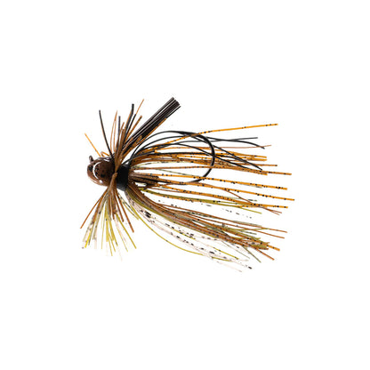The Dirty Jigs Luke Clausen Finesse Jig by Dirty Jigs features a brown and yellow rubber skirt, weighted head, weed guard, and exposed hook—designed to imitate small baitfish or insects for effective finesse fishing.