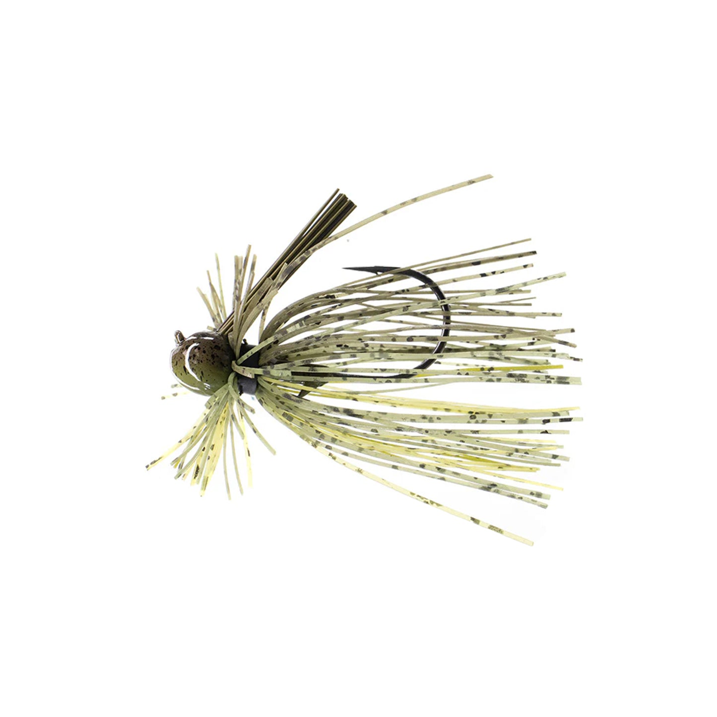 The Dirty Jigs Luke Clausen Finesse Jig by Dirty Jigs features a green and black speckled design, metal hook, and multiple rubber skirt strands to expertly mimic prey and attract fish.