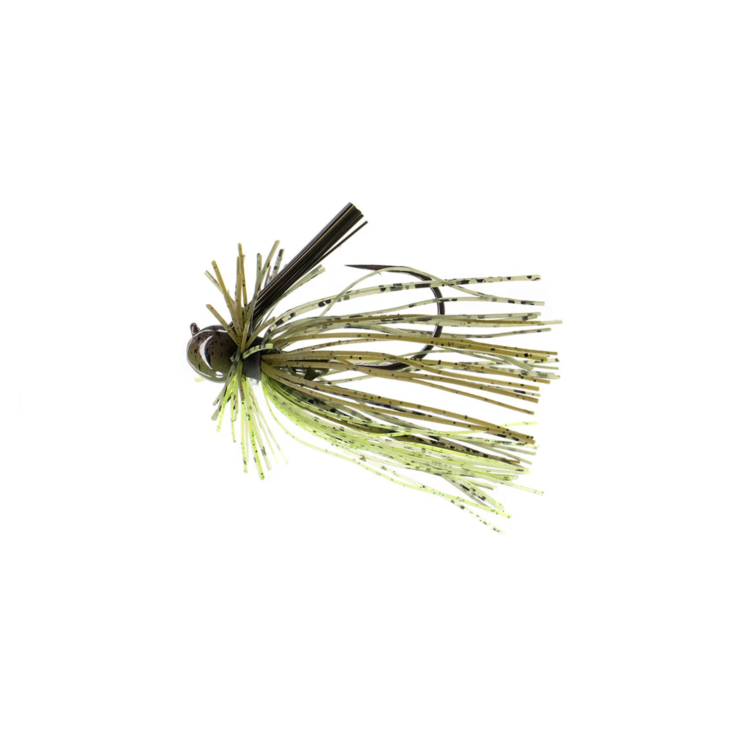 The Dirty Jigs Luke Clausen Finesse Jig by Dirty Jigs is a green and brown finesse jig with a speckled skirt and weed guard, designed to mimic baitfish and attract fish, shown isolated on a white background.