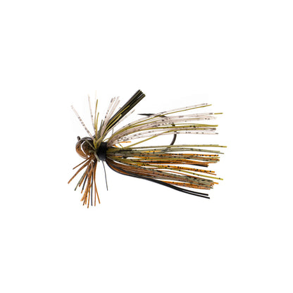 The Dirty Jigs Luke Clausen Finesse Jig by Dirty Jigs features brown, green, yellow, and black strands that mimic a small insect or bait, making it ideal for finesse fishing. Shown isolated on a white background.