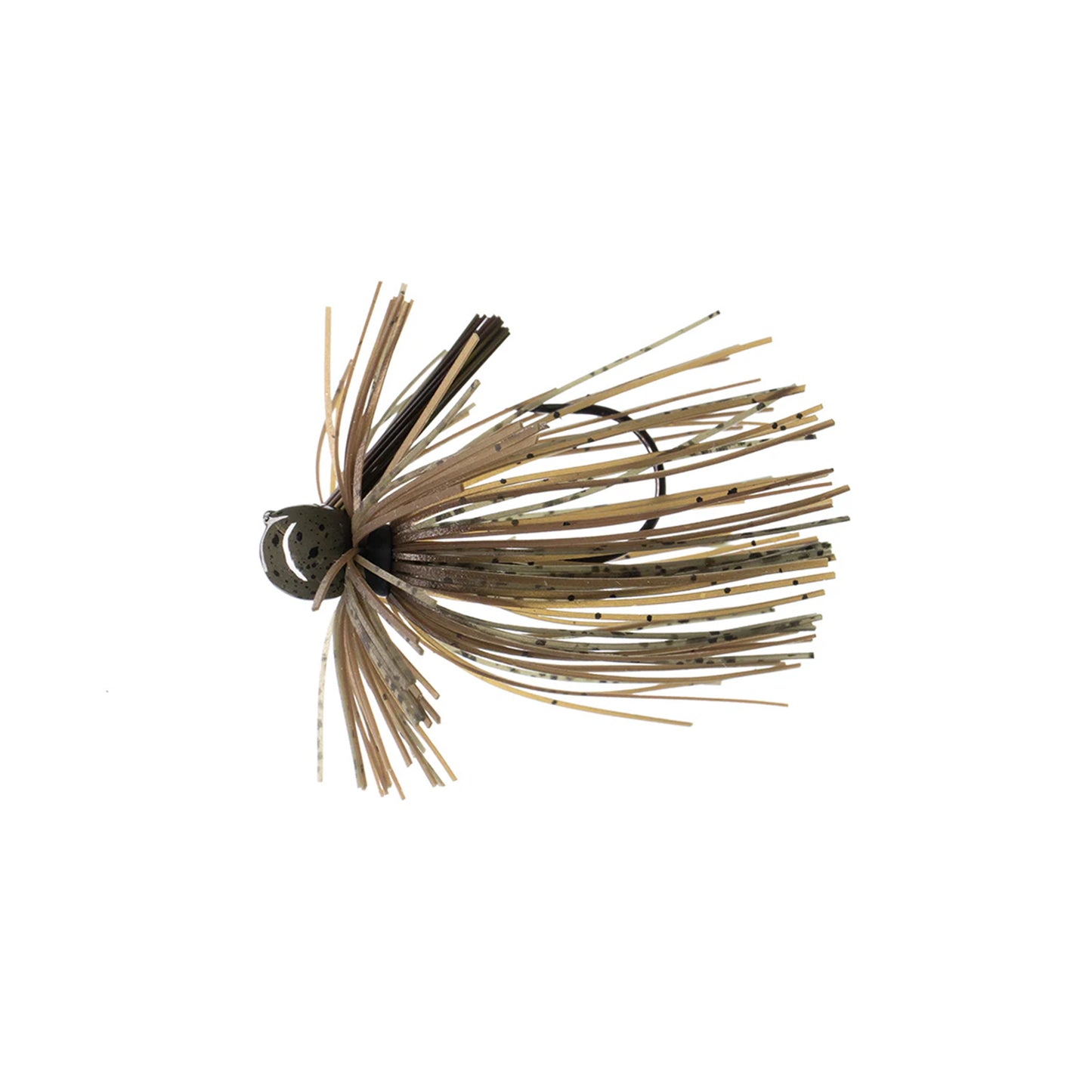 The Dirty Jigs Luke Clausen Finesse Jig features a round, camo head and a skirt of thin, flexible strands in tan, olive, and brown to closely mimic aquatic prey.