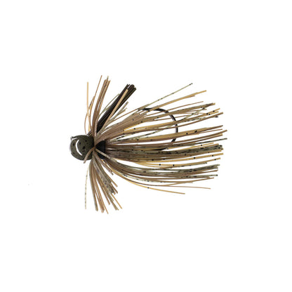 The Dirty Jigs Luke Clausen Finesse Jig features a round, camo head and a skirt of thin, flexible strands in tan, olive, and brown to closely mimic aquatic prey.