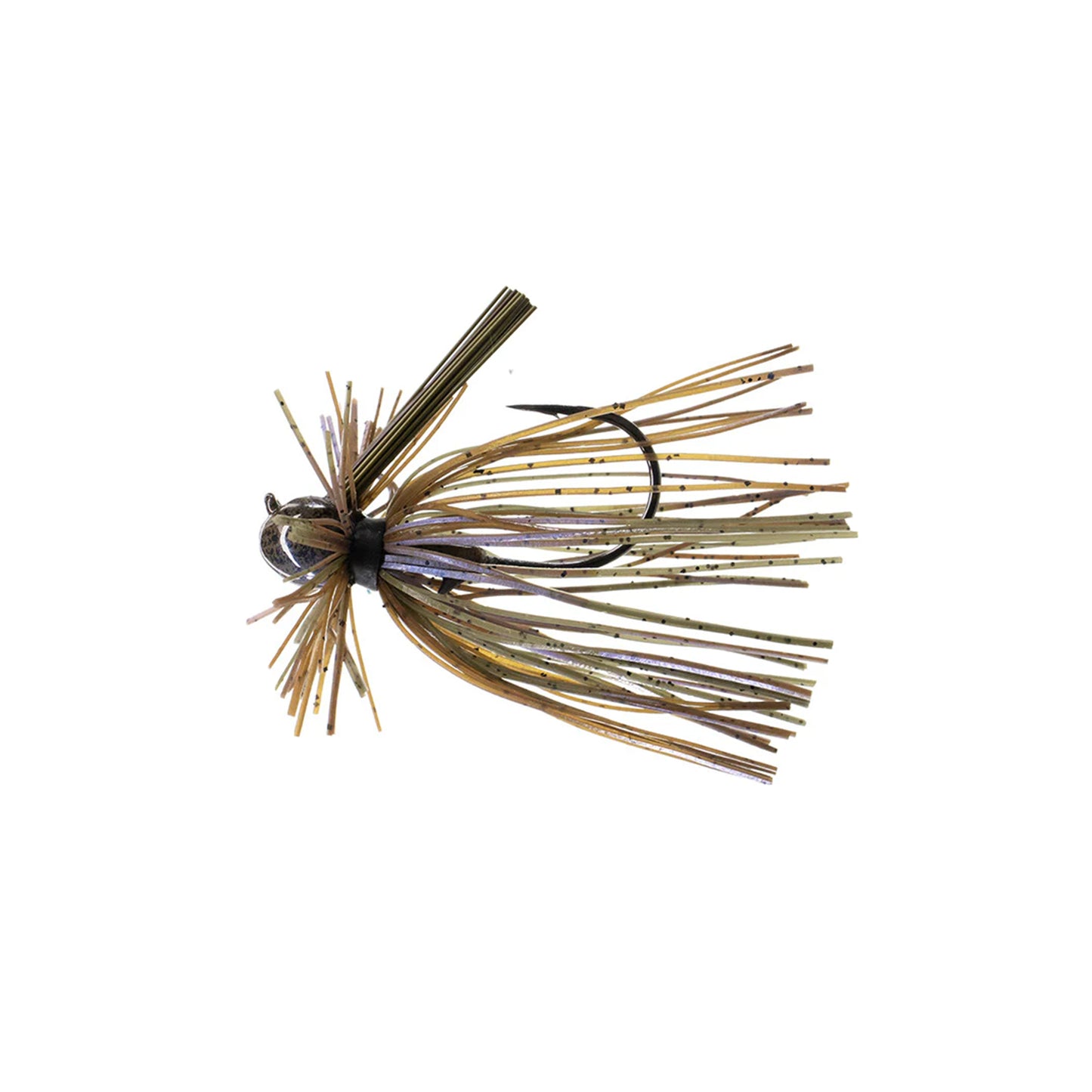 The Dirty Jigs Luke Clausen Finesse Jig by Dirty Jigs features a brown and gold skirt of thin rubber strands and a hook, designed to subtly mimic small baitfish or insects for finesse presentations.