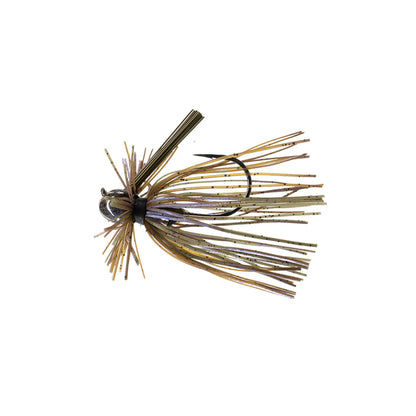The Dirty Jigs Luke Clausen Finesse Jig by Dirty Jigs features a brown and gold skirt of thin rubber strands and a hook, designed to subtly mimic small baitfish or insects for finesse presentations.
