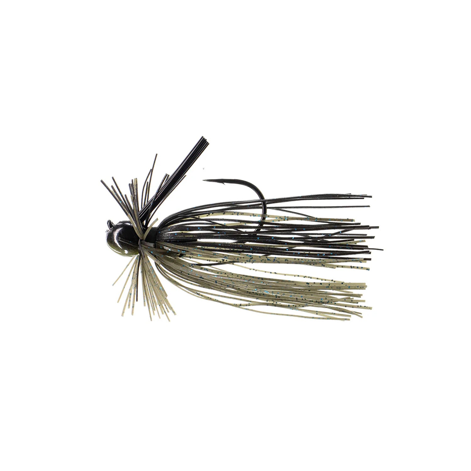 The Dirty Jigs Luke Clausen Finesse Jig, in black and olive green with a weed guard, rubber skirt strands, and a single hook, is shown against a white background.