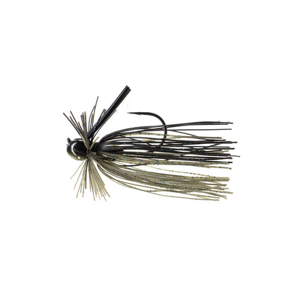 The Dirty Jigs Luke Clausen Finesse Jig, in black and olive green with a weed guard, rubber skirt strands, and a single hook, is shown against a white background.