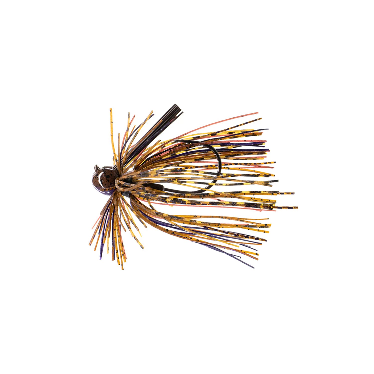 The Dirty Jigs Luke Clausen Finesse Jig features a brown, black, and yellow skirt with a hook and weed guard from Dirty Jigs, displayed against a white background.