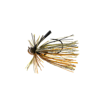 The Dirty Jigs Luke Clausen Finesse Jig by Dirty Jigs features orange, yellow, green, and black strands with a hook, mimicking a small aquatic creature and shown on a white background.