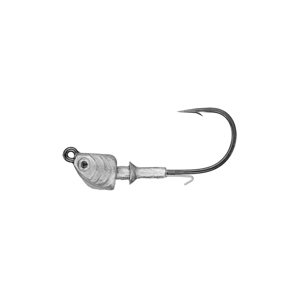 Close-up of the Dirty Jigs Matt Allen Tactical Bassin Swimbait Jig Head, featuring a sharp curved hook and molded fish-head design with an easy line-tie eyelet, inspired by bass fishing expert Matt Allen.