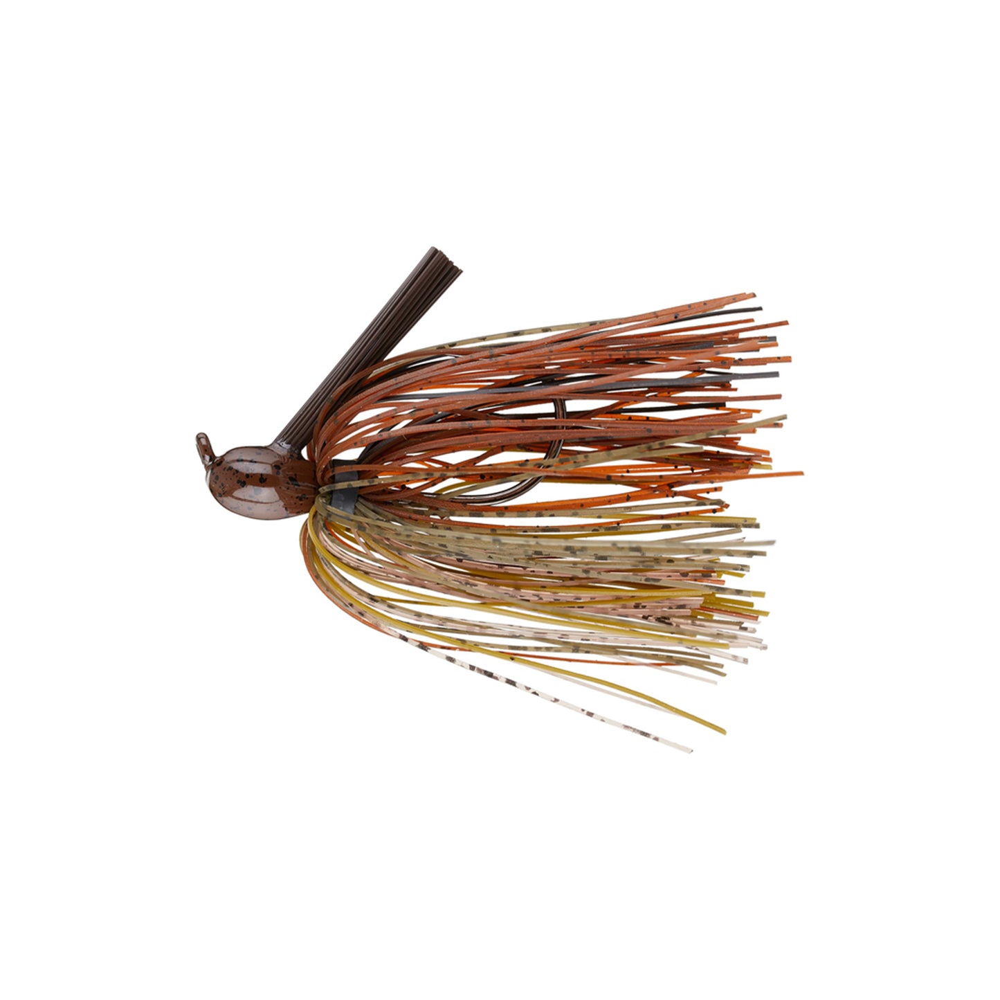 The Dirty Jigs Matt Herren Flippin' Jig by Dirty Jigs features a brown, pumpkin-shaped head and long orange, brown, yellow, and cream skirt strands—perfect for bass fishing in heavy cover. Shown on a white background.