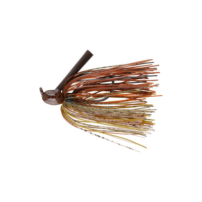 The Dirty Jigs Matt Herren Flippin' Jig by Dirty Jigs features a brown, pumpkin-shaped head and long orange, brown, yellow, and cream skirt strands—perfect for bass fishing in heavy cover. Shown on a white background.