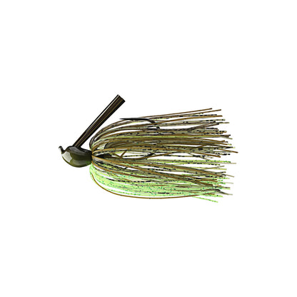 The Dirty Jigs Matt Herren Flippin' Jig by Dirty Jigs features a weed guard, green and brown skirt strands, and a hook—perfect for bass fishing in heavy cover. The lure is displayed on a plain white background.