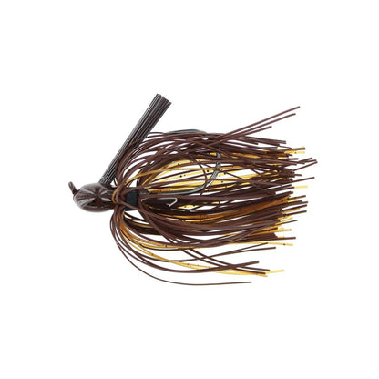 The Dirty Jigs Matt Herren Flippin' Jig features a brown and gold finish, silicone skirt strands, and a weed guard—ideal for bass fishing in heavy cover. Shown here on a white background.