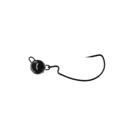 A single Dirty Jigs Pivot Point Football Jig by Dirty Jigs, black in color with a rounded, weighted head and eyelet for natural bait presentation, isolated on a white background.